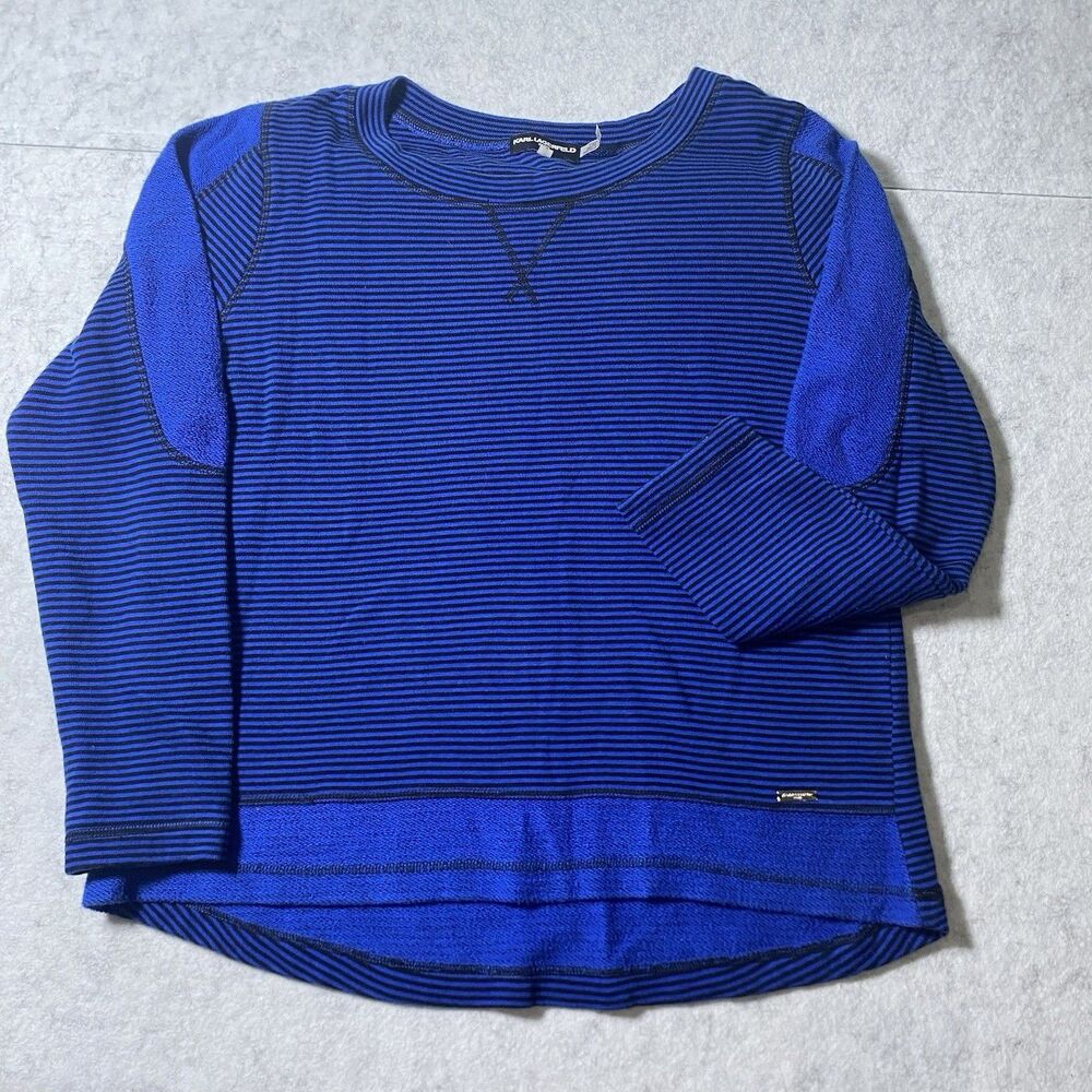 Karl Lagerfeld Shirt Women Med Blue Black Striped Cotton 3/4 Sleeve PARIS Hi-Low